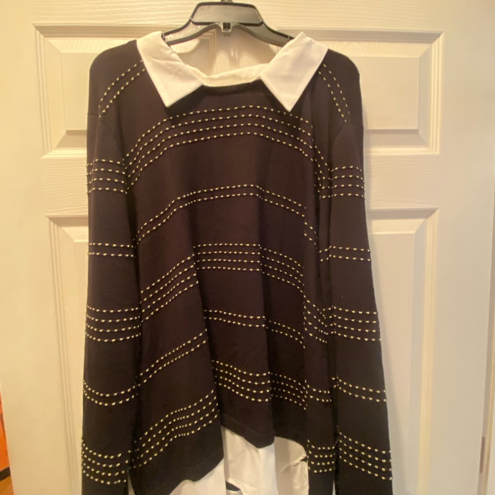 Investments Black Sweater with White Collar and Gold Accents